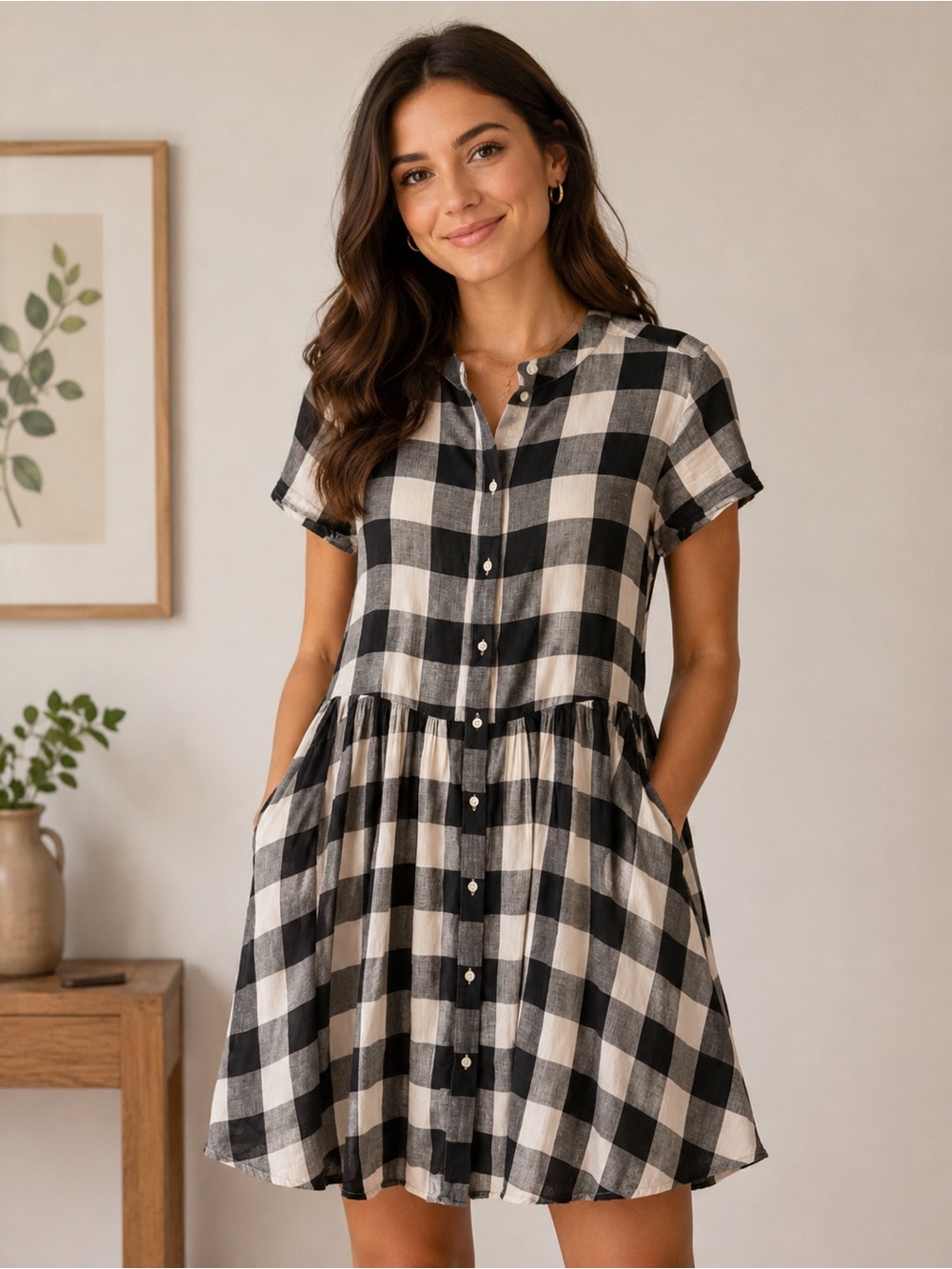 GAP Black & White Gingham 100% Cotton Button Front Dress Size Medium